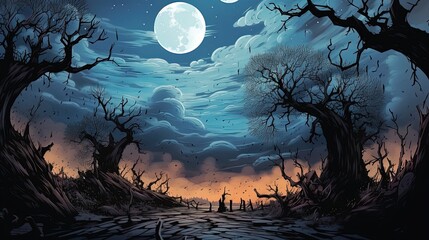 a dark-fantasy landscape with towering, twisted trees and a full moon in the background. fantasy con