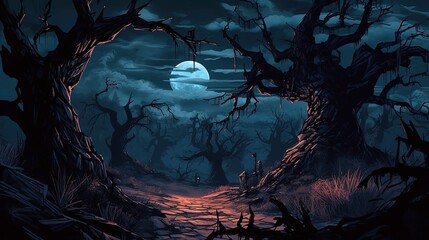 A dark-fantasy landscape with towering, twisted trees and a full moon in the background. Fantasy concept , Illustration painting. Generative AI
