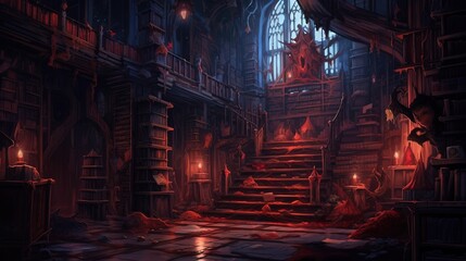 Wall Mural - A dark-fantasy library with forbidden books and dark magic. Fantasy concept , Illustration painting. Generative AI