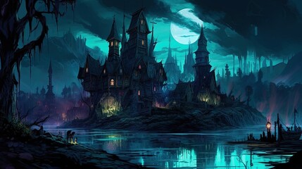 Wall Mural - A dark-fantasy swamp with a haunted mansion and ghostly apparitions. Fantasy concept , Illustration painting. Generative AI