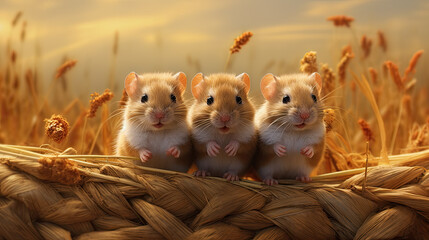 Wall Mural - Group of adult field hamsters in in the wheat field Generative AI