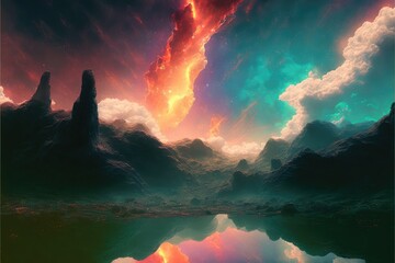 Wall Mural - utopian dreamland landscape with sky of colorful nebula. distinct generative ai image.