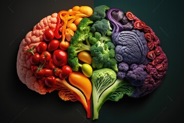 Wall Mural - Human brain made of variety of vegetables in concept of healthy food for health care. distinct generative AI image.