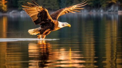 Poster - A bald eagle flies over a lake with the sun shining on its wings.