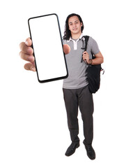 Asian man looking to camera, smiling and showing empty blank white copy space phone mock up template