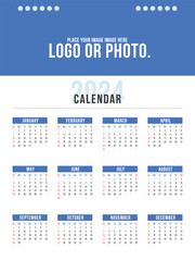 Wall Mural - Yearly One Page Calendar Template for 2024 Year. Wall Calendar in a Business Modern Style. Week Starts on Sunday. Place for Photo and Logo.