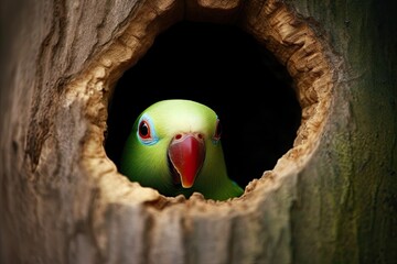 Canvas Print - colorful bird peering out of a tree hole Generative AI