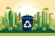 Recycle concept with recycling bin on green city background. Ecology and Environment conservation resource sustainable.Vector illustration.