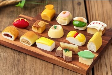Wall Mural - wooden food tray with a variety of delicious dishes and snacks Generative AI