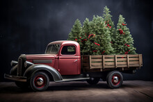 Vintage Christmas Truck Carrying A Fir Tree. Festive Background. Generative Ai
