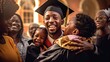 African student beaming, wearing cap and gown, and hugging parents. GENERATE AI