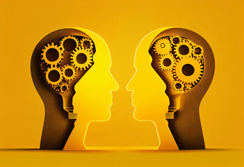 conceptual image of two human heads with gears and cogwheels generative ai