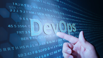 Wall Mural - DevOps inscription in abstract digital background. Programming language, computer courses, training. 3d illustration