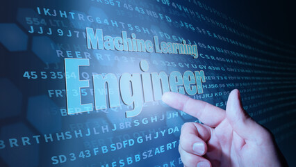 Wall Mural - Machine Learning Engineer inscription in abstract digital background. Programming language, computer courses, training.3d illustration
