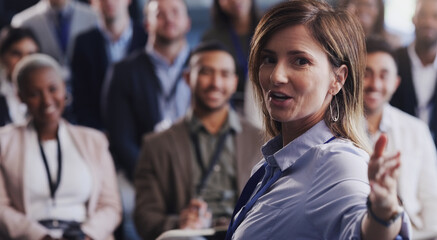Poster - Business woman, presentation and a speaker with audience at a seminar, workshop or training. Portrait of a presenter speaking to diversity men and women crowd at a conference for corporate education