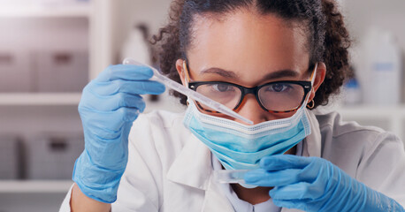 Wall Mural - woman, scientist, petri dish and medical mask with focus on futuristic research and virus data. scie