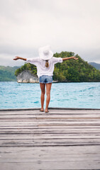 Canvas Print - Island, tropical ocean and back of woman on deck for holiday, summer vacation and getaway in Maldives. Travel, relax and female person on luxury resort for tourist destination, freedom and adventure