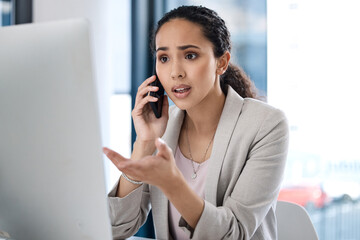 Wall Mural - Stress, business call and woman with computer scam and email in a office with conversation. Spam, African female person and anxiety of a employee talking on a web help communication at a company