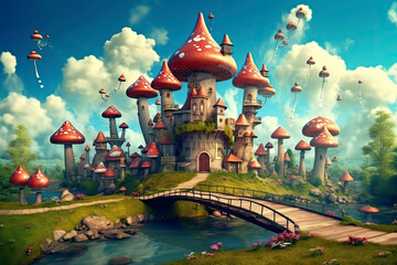 Wall Mural - fantastic wonderland landscape with mushrooms, beautiful old castle.AI Generative