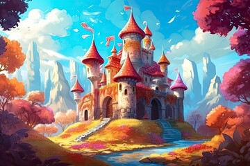 Wall Mural - fantastic wonderland landscape with mushrooms, beautiful old castle.AI Generative