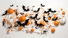 A Collection Of Halloween Decorations With Bats And Pumpkins.