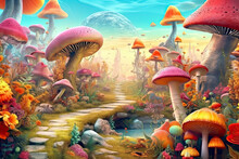 Fantastic Wonderland Landscape With Mushrooms, Beautiful Old Castle.AI Generative