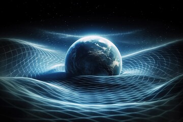 Gravity planet earth, gravitational waves concept. Physical and technology background. Design with gravity grid and spheres, line warp, Curved spacetime. In general theory of relativity. Generative AI