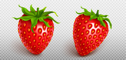 Wall Mural - 3d fly realistic isolated strawberry fruit icon set on transparent background. Red fresh berry element summer graphic. Seed and stem on whole delicious product clipart. Organic health collection