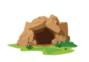 Brown stone cave entrance outside view flat style, vector illustration