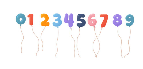 Flying colorful balloons in form of numbers from 0 to 9 flat style