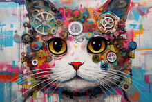  Cat Portrait Painting In Multicolored Tones. Conceptual Abstract Painting.AI Generative
