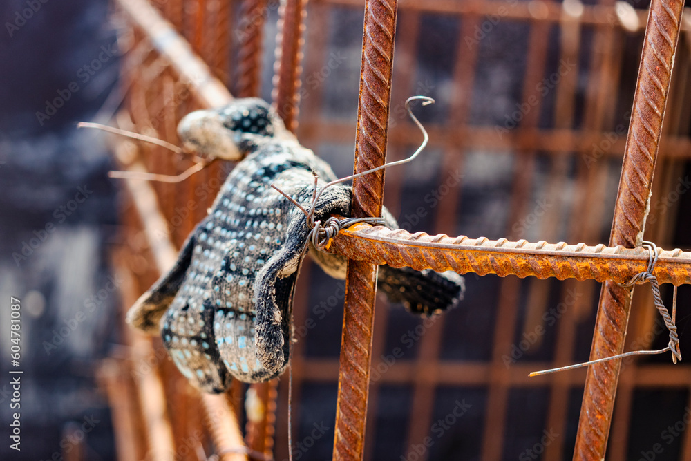 Reinforced concrete foundation of a modern monolithic residential building. Prepared formwork with reinforcing mesh for pouring concrete. Monolithic construction technologies.
