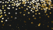Stars On Black, Invitation Or Web Banner, Silver, Golden Stars Glittering Confetti On Black Background. Trendy Festive Holiday Backdrop, Many Star-shaped Particles For A Postcard