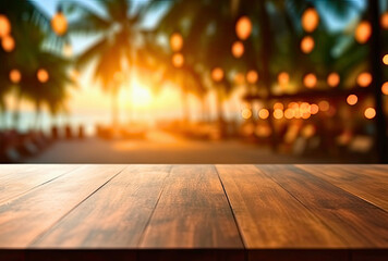 Wall Mural - Wooden table top on blur beach cafes background at sunset - can be used for display or montage your products