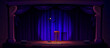 Comedy show stage with curtain vector background. Spotlight on concert scene for standup with microphone concept. Night open comedian talent speech entertainment illustration in theater with stool