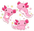 Set of cute fat axolotl  in kawaii style. Collection of lovely axolotl baby in different poses. Can be used for t-shirt print, sticker, greeting card design. Vector illustration EPS8