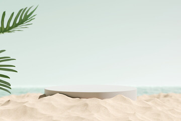 Product display stand and tropical monstera leaves with sea background. 3D rendering	