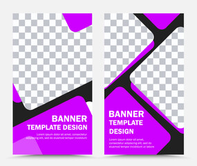 Design of vector banner templates with transparent and purple squares for text and information on black