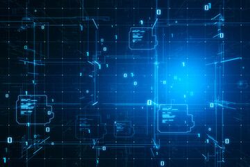 Digital binary code matrix background with scientific technology data of network transmission and connectivity, complexity and data flow of the modern digital age. 3D rendering