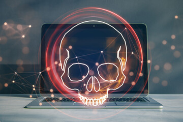 Wall Mural - Hacking attack and online piracy creative concept with red skull digital hologram on modern laptop background, double exposure