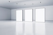 Three blank white glowing banners in grey hall interior with concrete floor and light walls. Presentation concept. Mockup, 3D Rendering
