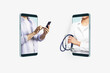 © Who is Danny - Online doctor, health checkup, virtual hospital and telemedicine concept with two smartphones facing each other with patient and doctor in medical gown and stethoscope on abstract white background
