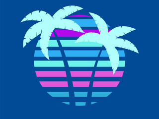 Wall Mural - Two palm trees against the backdrop of the 80s retro sun isolated on a blue background. Design for printing advertising brochures, banners and posters. Vector illustration