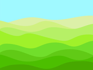 Green wavy landscape with blue sky in minimalist style. Summer landscape with fields and meadows. Typographic boho decor for wrappers, posters and interior design. Vector illustration