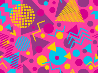 Wall Mural - Seamless pattern with geometric shapes in 80s memphis style. Colorful geometric pattern with triangles, dots, zigzags and stripes. Design for wrappers, banners and posters. Vector illustration