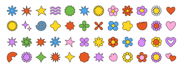 Wall Mural - Cute cartoon flowers and shapes icons. Daisy floral organic form cloud star and other elements in trendy playful brutal style. Vector illustrations isolated on white background.
