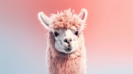 Poster - Head of furry alpaca looking lateral with copy space for advertisement. Space background for banner text. Generative AI