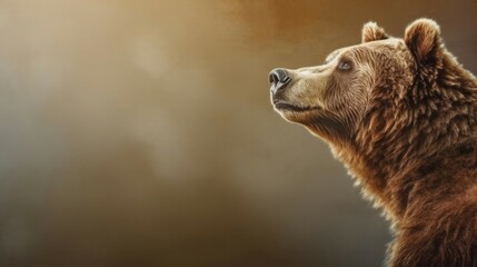 Canvas Print - Head of furry Bear looking lateral with copy space for advertisement. Space background for banner text. Generative AI