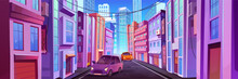 City Street Road Car Traffic Vector Background. Cityscape With Office House And Urban Building Exterior. Downtown District Perspective View Cartoon Panorama Illustration. Backstreet In Metropolis