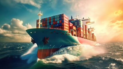 A large container ship in the middle of the ocean. Generative AI.